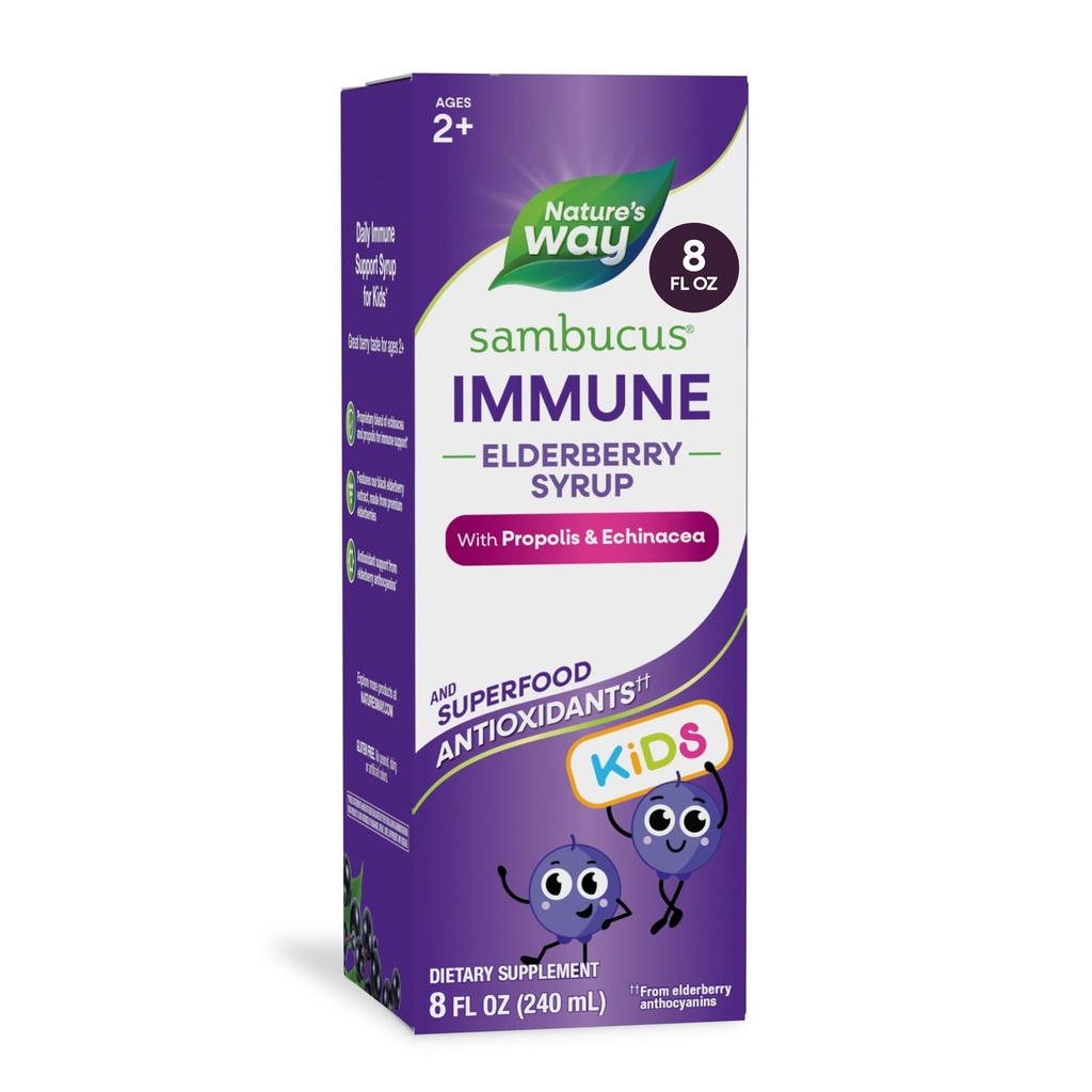 Nature's Way Sambucus Elderberry Immune Syrup for Kids Ages 2+, Echinacea & Propolis, Immune Support Syrup*, Vegetarian, Berry Flavored, 8 Fl Ozrup