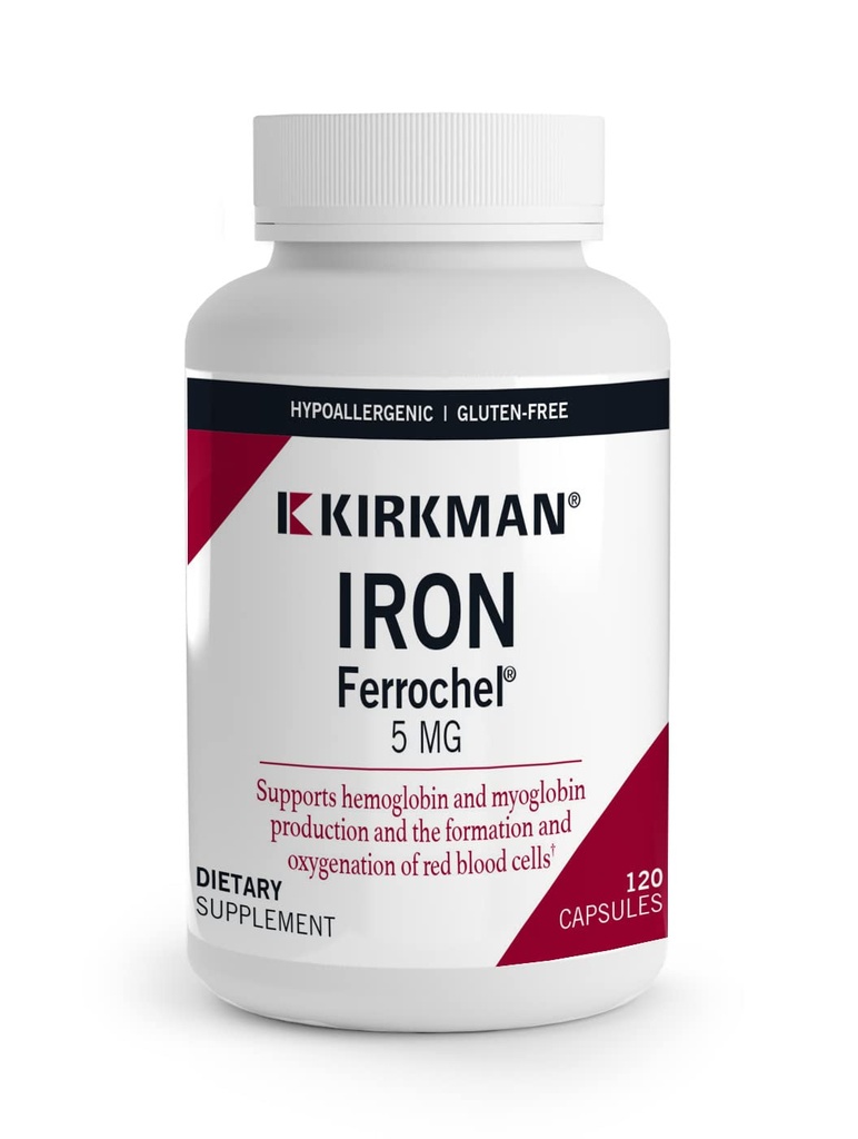Kirkman - Iron Ferrochel 5 mg - 120 Capsules - Aids Hemoglobin & Myoglobin Production - Supports Red Blood Hücreleri Formasyon - Hipoallergenicicic