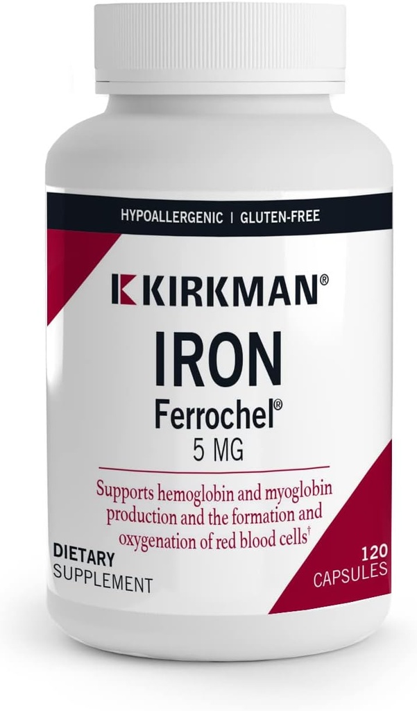 Kirkman - Iron Ferrochel 5mg - 120 κάψουλες - Βοηθά την παραγωγή αιμοσφαιρίνης και μυοσφαιρίνης - Υποστηρίζει Σχηματισμό ερυθρών κυττάρων αίματος - Hypoallergenic