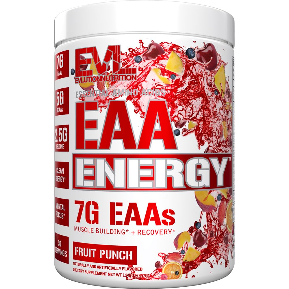 Evlution Nutrition EAA Energy - Pre & Post Workout Powder - Muscle Building & Recovery Supplement - 7g Essential Amino Acids + 5g BCAAs - Καθαρή ενέργεια - με καφεΐνη - 30 εξυπηρετούν - Fruit Punch