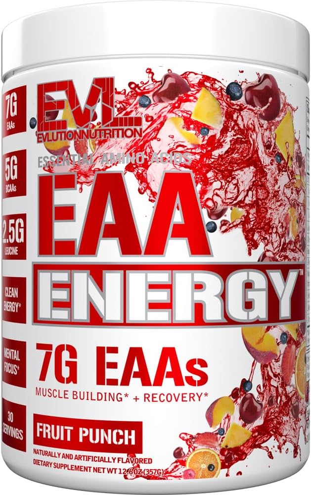 Evlution Nutrition EAA Energy - Pre & Post Workout Powder - Muscle Building & Recovery Supplement - 7g Essential Amino Acids + 5g BCAAs - Καθαρή ενέργεια - με καφεΐνη - 30 εξυπηρετούν - Fruit Punch