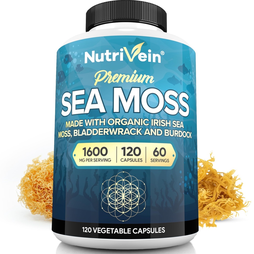 Nutrivein Organic Sea Moss 1600mg Plus Bladderwrack & Burdock - 120 Caps για ενήλικες - Προβιοτικό Super-Food - Ανοσοποιητικό σύστημα & Digestive Υγεία - Θυρεοειδές, δέρμα, Keto Detox, Gut, Κοινή Υποστήριξη