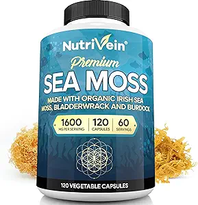 Nutrivein Organik Deniz Moss 1600 mg Plus Bladderwrack & Burdock - Yetişkinler için 120 Caps - Prebiyotik Super-Food - Immune System & Digestive Health - Yourroid, Skin, Keto Detox, Gut, Ortak Destek