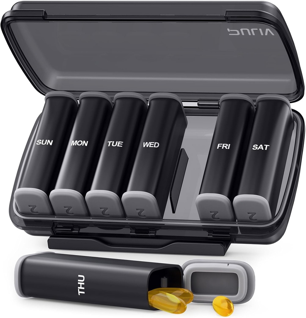 PULIV Büyük Haftalık Pill Organizer 2 Times a Day with Dual Damp-Proof Design, Black AM PM Pill Box 7 Day for Privacy Protection, Pill Case for Vitamins, Drugs, Fish Oils, Supplements