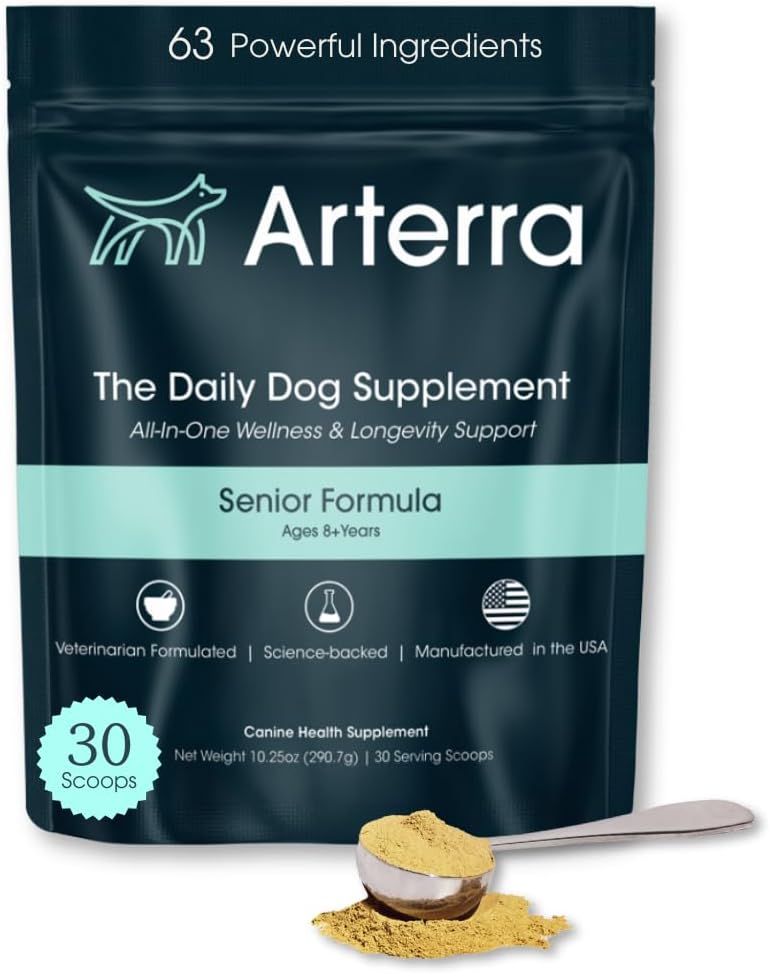Senior Dog Powder Supplement & Food Topper – 63 Συστατικά για την κοινή, το έντερο, τον ανοσοποιητικό και τον εγκέφαλο υγεία – Καθημερινή μακροβιότητα Πολυβιταμίνη με γλυκοζαμίνη, προβιοτικά, και ιχθυέλαιο 