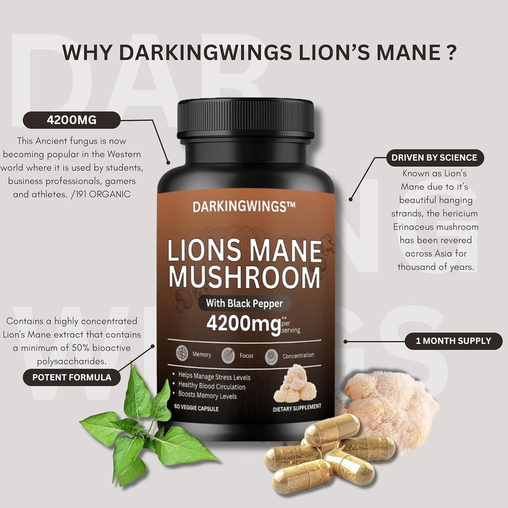 Lions Mane Mushroom Capsules | 4200 mg Lion's Mane Mushroom Toz | Mushrooms Supplement Capsules for Brain Health & Support Immune Health 60 Veg