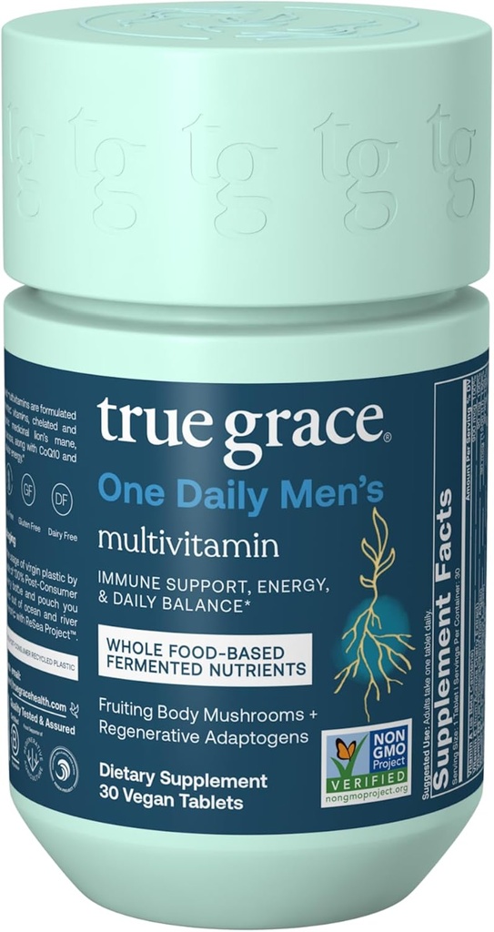 Gerçek Grace One Daily Men's Multivitamin Fermented Minerals, Organik Adaptogens & Mushrooms Whole Body Balance Immune, Endurance, Bone & Heart Support - Non-GMO, Gluten Free - 30 Vegan Tabletler