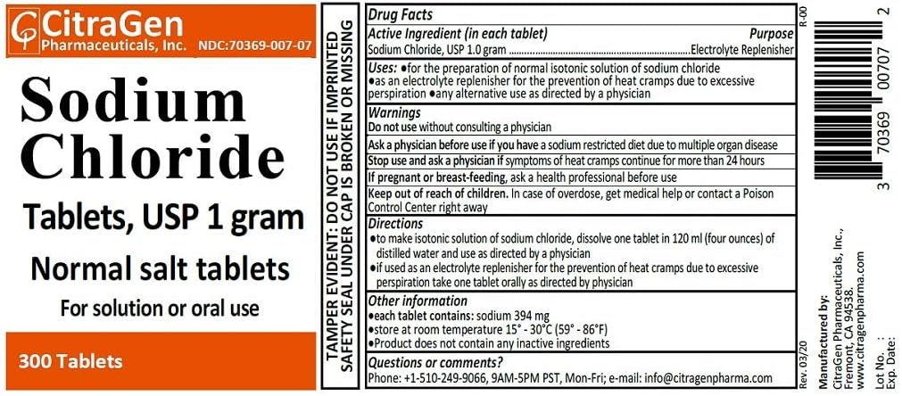 sodyum Chloride Tabletleri 1 gm, USP Normal Salt Tabletler - 300 Tabletler (1 300 Tabletler Paket) CitraGen Pharmaceuticals, Inc.