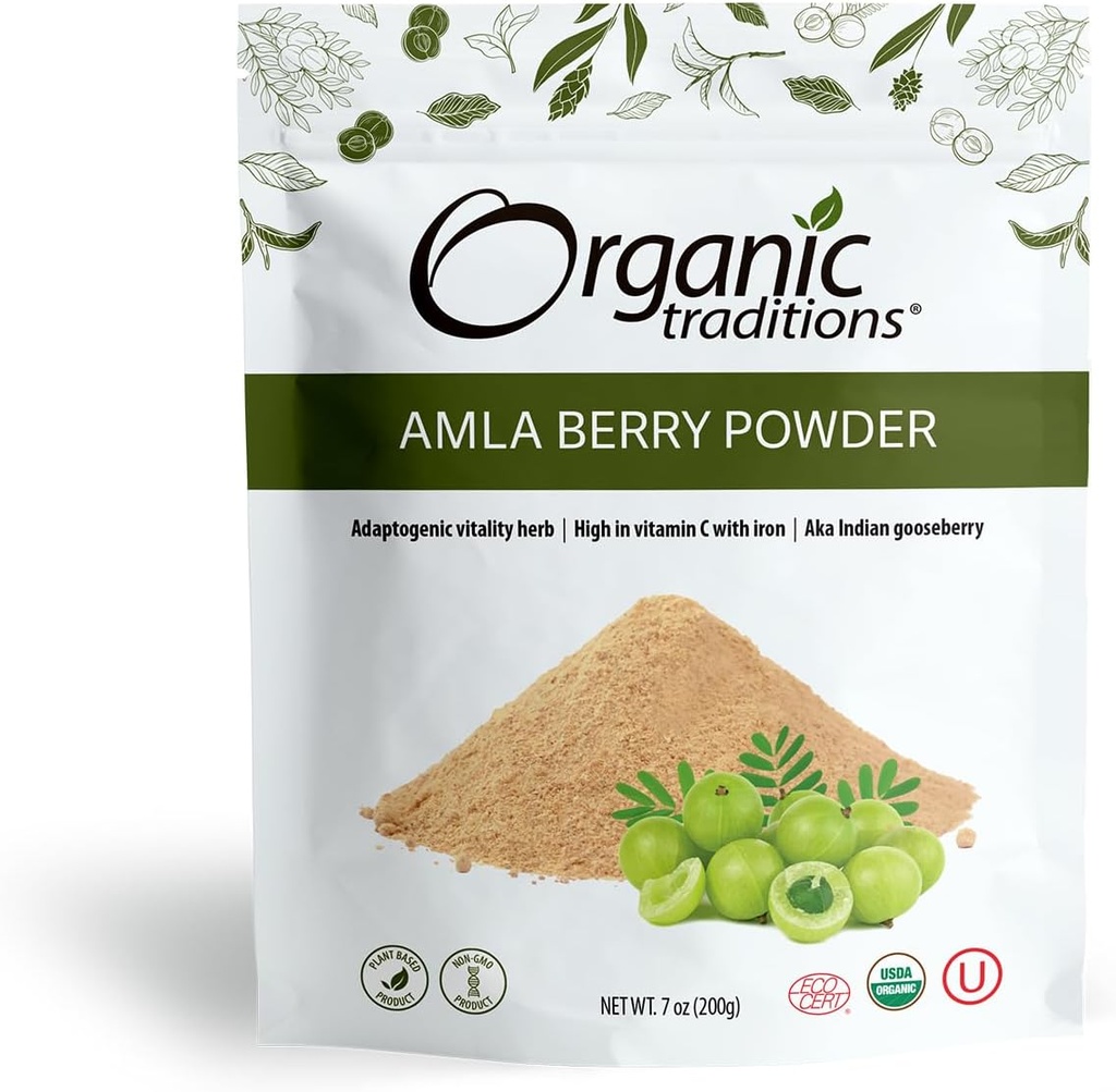 Organic Traditions Organic Amla Berry Powder, Powdered Amla Indian Gooseberry, Non-GMO Organic Powdered Fruit Superfood, 7oz (200g) Bag