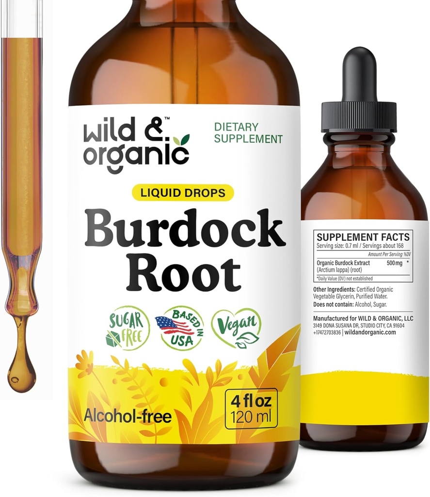 Wild & Organic Burdock Root Tincture - Antioksi, Detox, Digestive Support - Burdock Root Herb Drops - Vegan, Sugar & Alkol-Free - 4 fl ozz