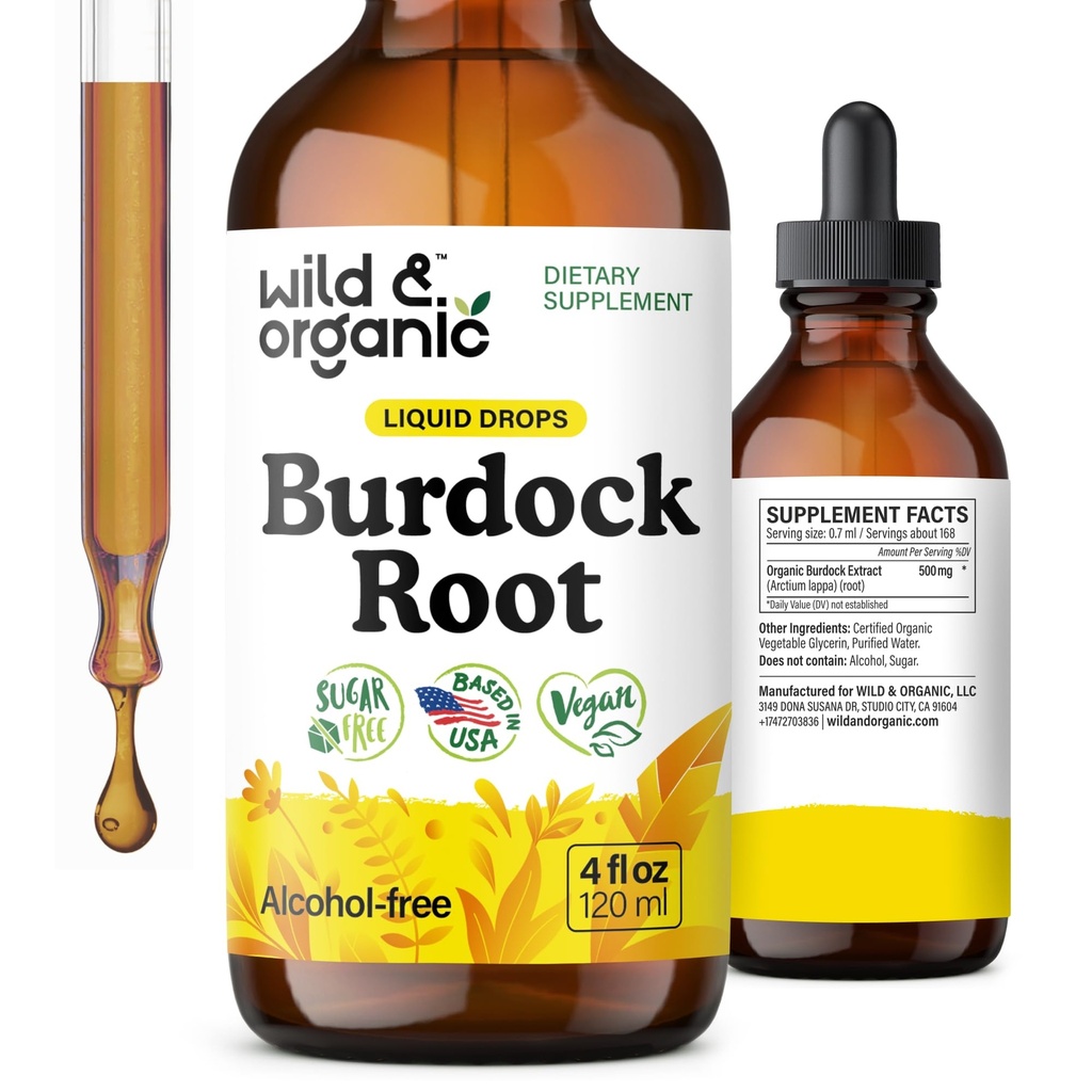 Wild & Organic Burdock Root Tincture - Antioksi, Detox, Digestive Support - Burdock Root Herb Drops - Vegan, Sugar & Alkol-Free - 4 fl ozz