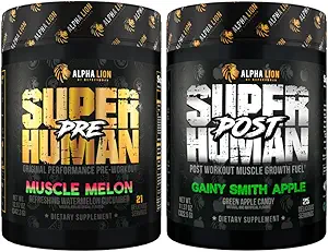 ALPHA LION Superhuman Pre Processing Powder & Post Workout Recovery Bundle, Contentive Energy & Focus + Lean μυϊκή ανάπτυξη, δύναμη και όγκο (Muscle Melon & Gainy Smith Apple)