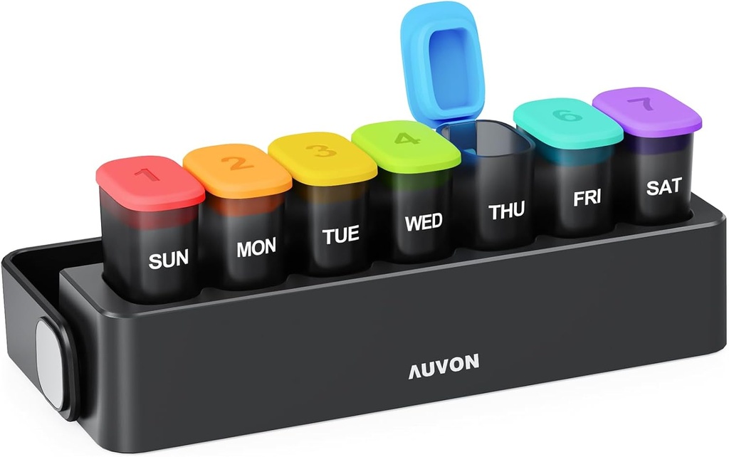 AUVON Moisture-Proof Weekly Pill Organizer with Locking Design, Sleek Pill Box 7 Ημέρα εύκολο στη χρήση, Black Pill περίπτωση για προστασία απορρήτου, Χάπια κάτοχος για φάρμακα, βιταμίνες, ιχθυέλαια, συμπληρώματα