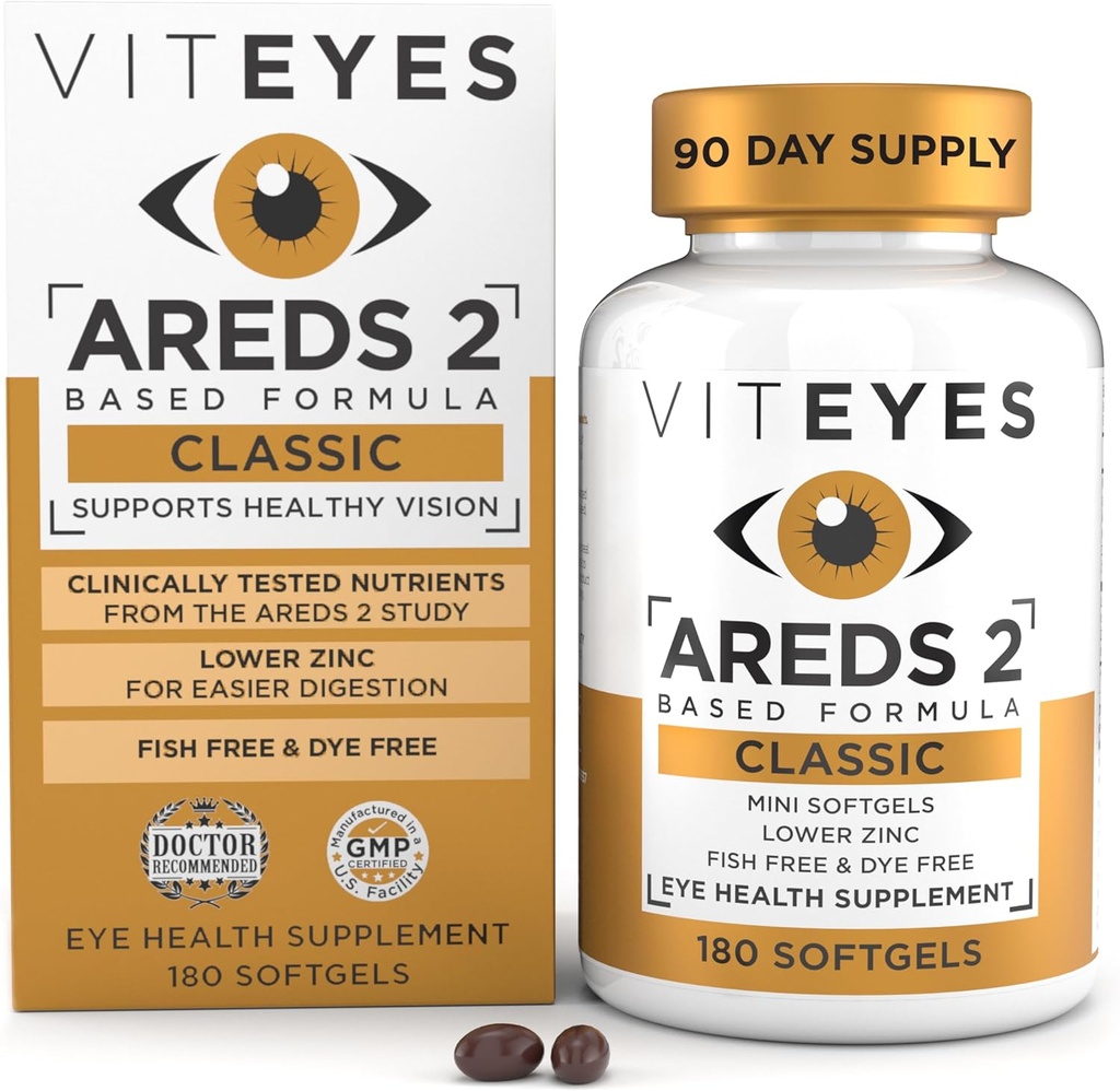 Viteyes AREDS 2 Classic Macular Health Formula Softgels, Eye Health Vitamin to Support Macular Health, Lower çinko, Eye Vitamins, Macular Vitamins, Beta-Carotene Free, 180 Softgels