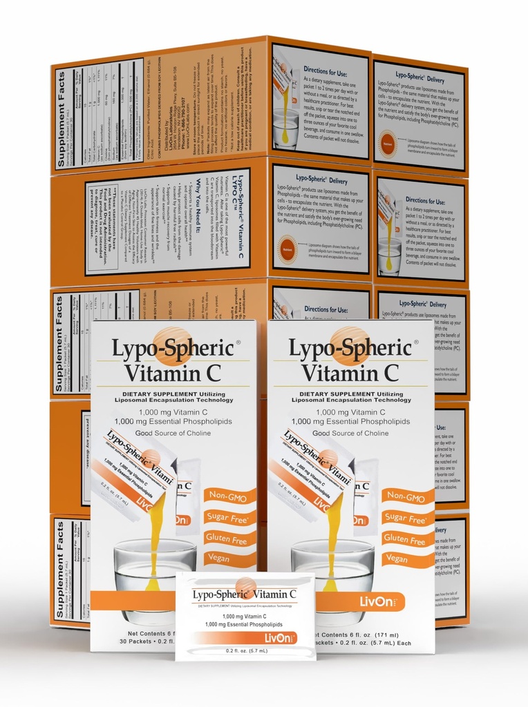 LivOn Laboratories Lypo-Spheric Vitamin C - 1.000 mg Vitamin C & 1.000 mg Essential Phospholipids Per Packet – Liposome Encapsated for I improve Abpole – NonG-MO(12 Mirrors,360 Packets)