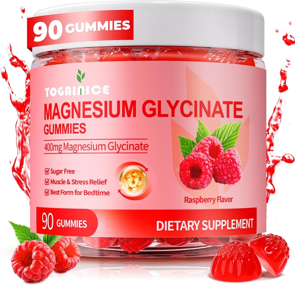 Glycinate Gummys μαγνήσιο 400mg για ενήλικες & παιδιά, 90 Ct χωρίς ζάχαρη Μαγνήσιο Gummies με Κάλιο συμπλήρωμα μαγνησίου για γυναίκες & άνδρες, Sleep Msucle & Engergy Support, Raspberry Flavor