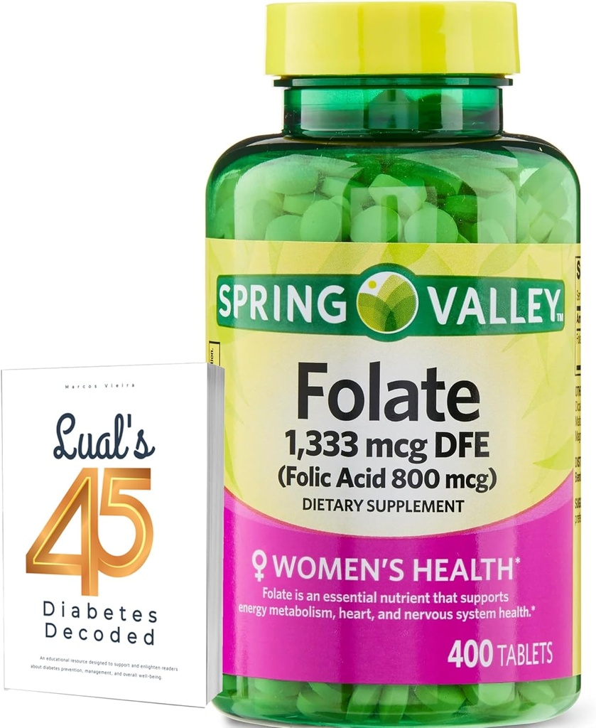 Folate 1,333 mcg. Spring Valley Folate Diyetary Supplement, 1,333 mcg DFE, 400 Kont, Kadınlar için Tamam, Folic Acid 800 Luall's 45 Diacoded