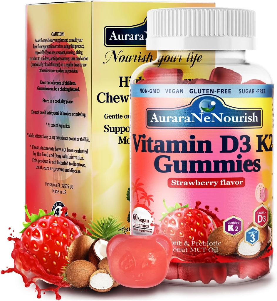 D3 K2 Vitamin 10000 IU, Sugar Free Vitamin D3 K2 Gummies w. Pro & Pre, Chewable Vitamin D3 ve K2 (MK-7) Bone, Teeth, Immune, Heart & Digest Health,uba Abors丨Plant-Based