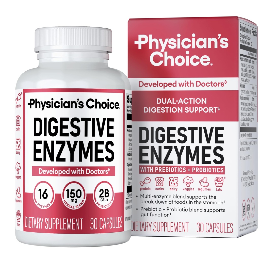 Επιλεγόμενα ένζυμα - Multi Enzymes, Bromelain, Organic Prebiotics & Probiotics for Digestive Health & Gut Health - Bloating & Meal Time Discomfort - Dual Action - All Diets - 30 CT