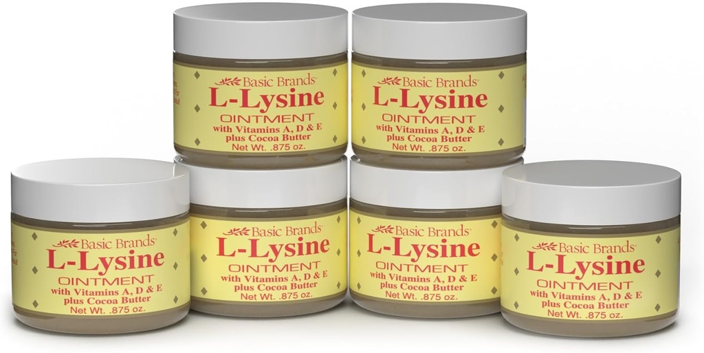 Temel Markalar - L-Lysine Ointment - 0.875 oz - Lysine Cold Sore Tedavisi ve Fısıt - Soothes Chapped Lips and Kuru Skin - 6Pack