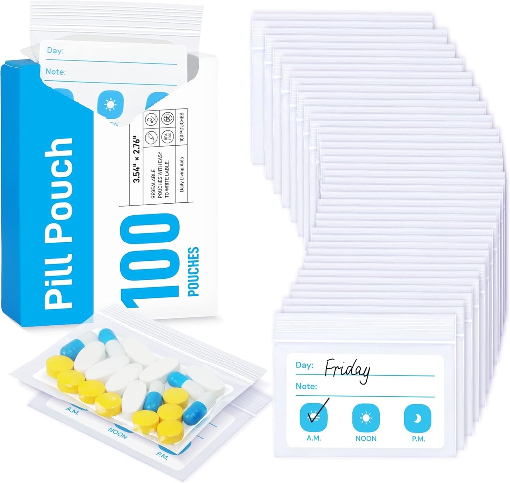 ZIKEE Τσάντες χαπιών για ταξίδια, Reuseable Pill Pouches BPA Δωρεάν 2,75" x 3,54", Daily Medicine Τσάντες με XL Χωρητικότητα για 24 ιχθυέλαια, Vitamin Organizer με Προσαρμοσμένη Write-on Περιοχή (100 Count)
