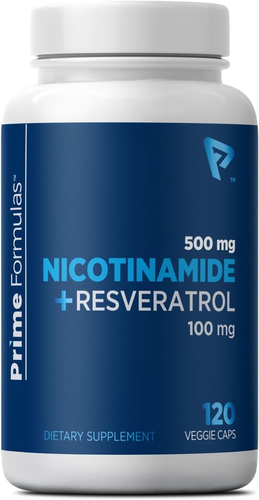 Nicotinamid 500 mg with Resveratrol 100 mg 120 Veggie Capsules - Non-GMO Vitamin B3, Supports Metabolic Health, NAD+, Skin Cell & Mitochondrial Energy Production. Erkekler ve Kadınlar için ABD'de Made in USA for Men and Women