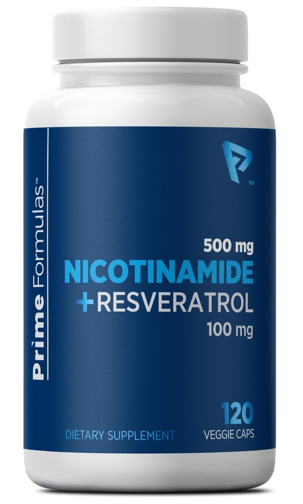 Nicotinamid 500 mg with Resveratrol 100 mg 120 Veggie Capsules - Non-GMO Vitamin B3, Supports Metabolic Health, NAD+, Skin Cell & Mitochondrial Energy Production. Erkekler ve Kadınlar için ABD'de Made in USA for Men and Women