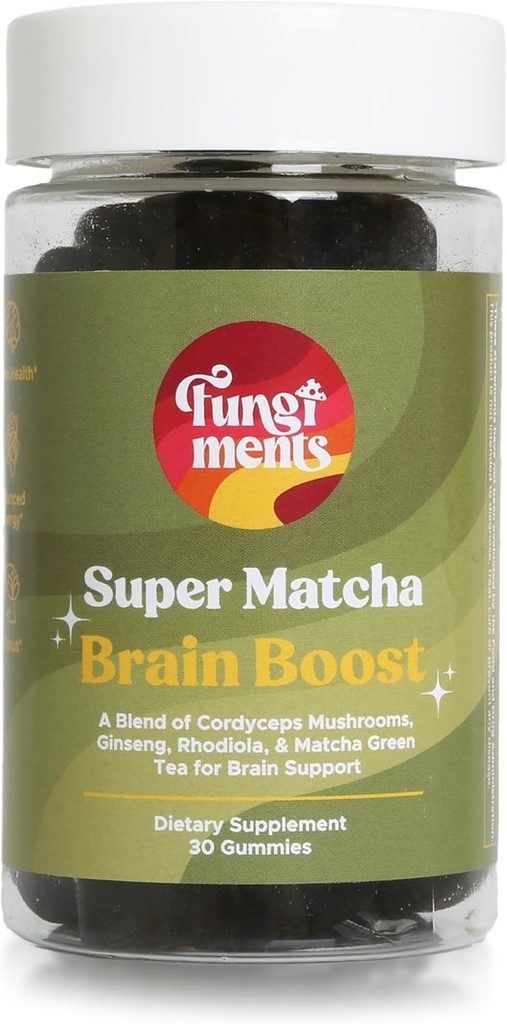 Fungiments Super Matcha - Cordyceps Mushrooms, Green Tea Powder, Ginseng, Rhodiola - Daily Energy and Endurance (30 Mushroom Gummies)