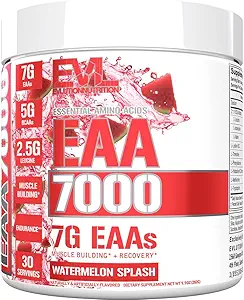 Evlution Nutrition EAA7000 - Pre & Post Workout Powder - Muscle Building + Recovery Supplement - 7g Essential Amino Acids + 5g BCAAs - Endurance + Energy Support - 30 Servings - Watermelon Splash