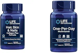 Life Extension Hair, Skin & Nails Collagen Plus Formula with Multivitamin - 120 Count & 60 Tablets