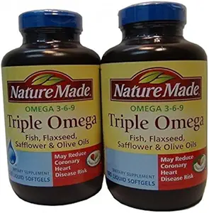 Nature Made Triple Omega 3 6 9 - Fish, Flaxseed, Safflower & Olive Oils - 2 Şişe, 180 Softgels Every