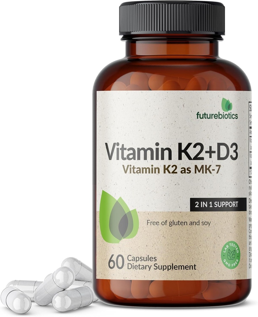 Futurebiyotiks Vitamin K2 (MK7) D3 Supplement - Non-GMO Formula - 5000 IU D3 & 90 mcg K2 MK-7, 60 Vegetarian Capsules