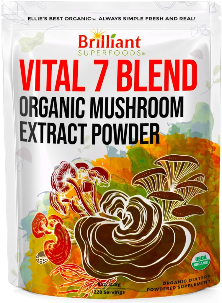 Ellie'nin En İyi 7 Mushroom Toz Ekstra Organik Plastik - Reishi, Lion's Mane, Chaga, Türkiye Tail, Cordyceps, Maitake & Shiitake - Double Extracted - Pure No Fillers - 8oz / 228 1g