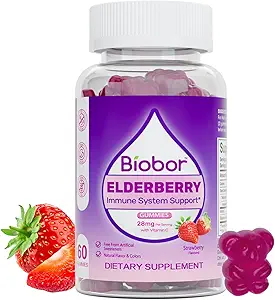 Natural Elderberry Gummies, Daily Immune Support Gummies with Vitamins C for Yetişkinler and Children Ages 4 Up, Gluten Free Vegan Elderberry Supplement (Strawberry, 60 Count)