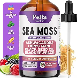 Sea Moss ve Ashwagandha Liquid Supplement - Lion's Mane, Black Seed Oil ve Bladderwrack - Vegan, Easy-to-Mix Formula - Supports Antioxy Activity & Immune Health (Mixed Berry, 60mL)