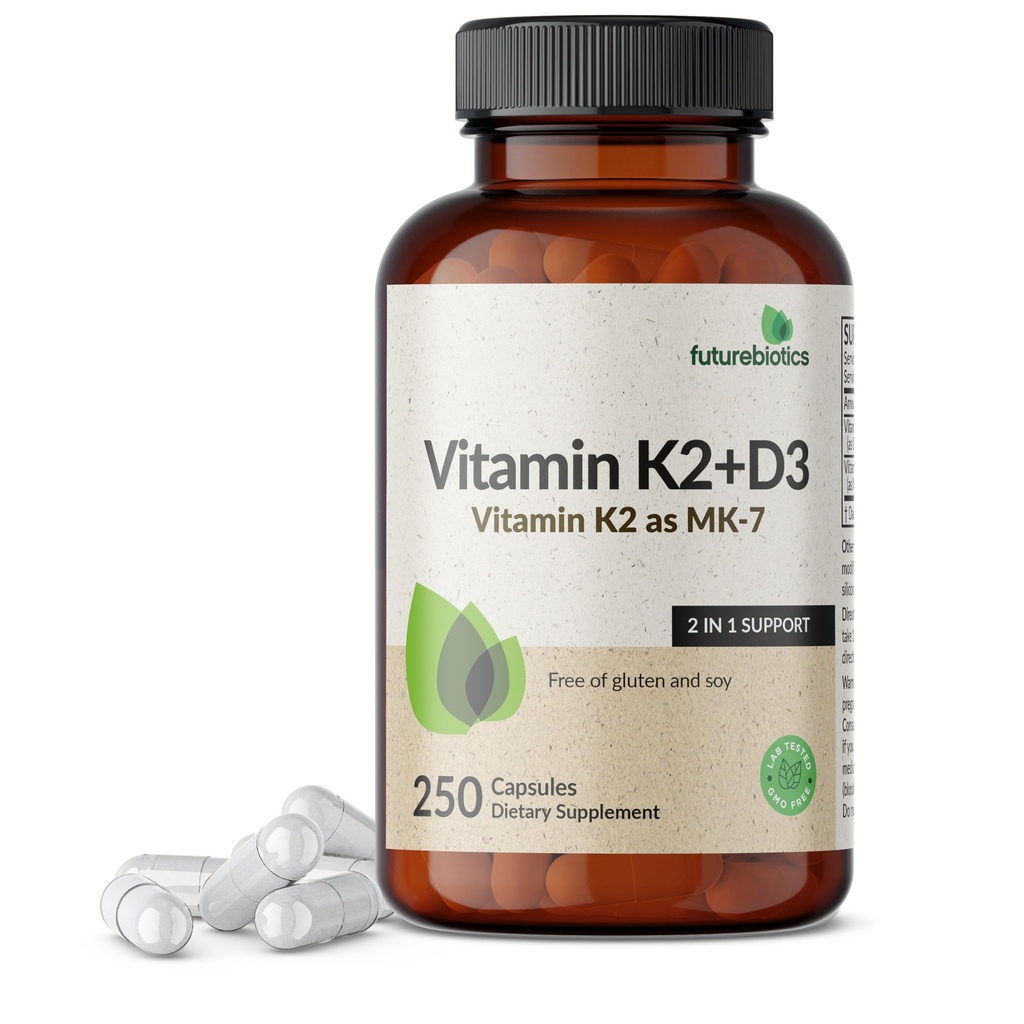 Futurebiyotiks Vitamin K2 (MK7) D3 Supplement - Non-GMO Formula - 5000 IU D3 & 90 mcg K2 MK-7, 250 Vegetarian Capsules