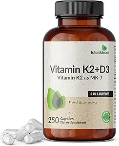 Futurebiotics Vitamin K2 (MK7) with D3 Supplement - Non-GMO Formula - 5000 IU Vitamin D3 & 90 mcg Vitamin K2 MK-7, 250 Vegetarian Capsules