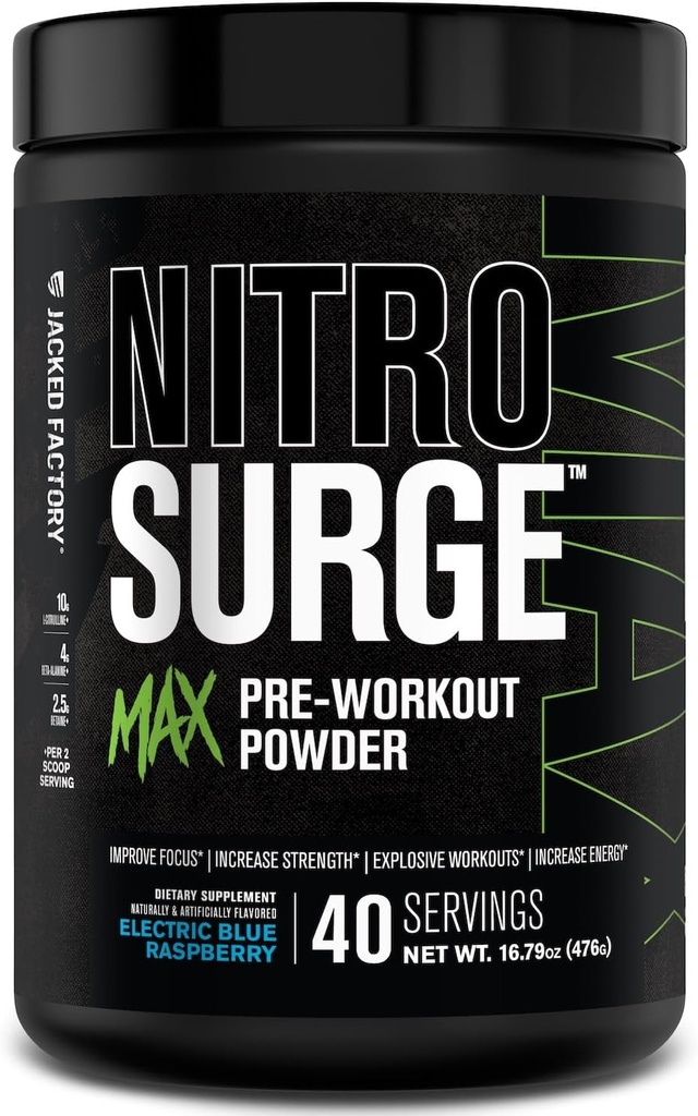 Jacked Factory Nitrosurge Max High Performance Pre Workout Toz - Intense Focus, Pumps, Smooth Energy, Endurance - 40 Hizmet, Elektrikli Blue Raspberry
