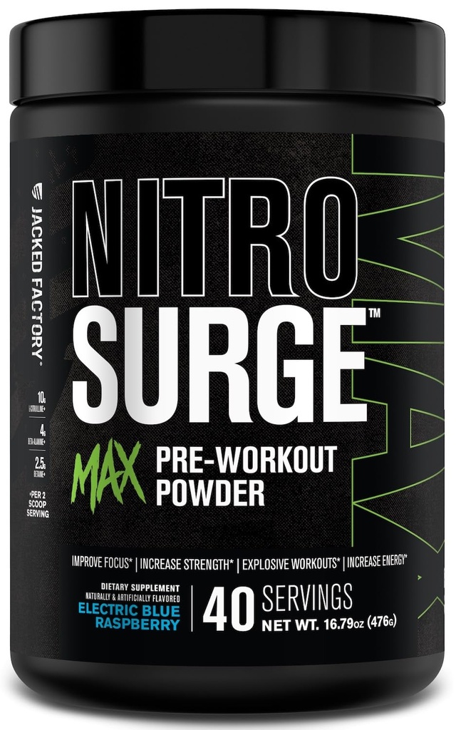 Jacked Factory Nitrosurge Max High Performance Pre Workout Toz - Intense Focus, Pumps, Smooth Energy, Endurance - 40 Hizmet, Elektrikli Blue Raspberry