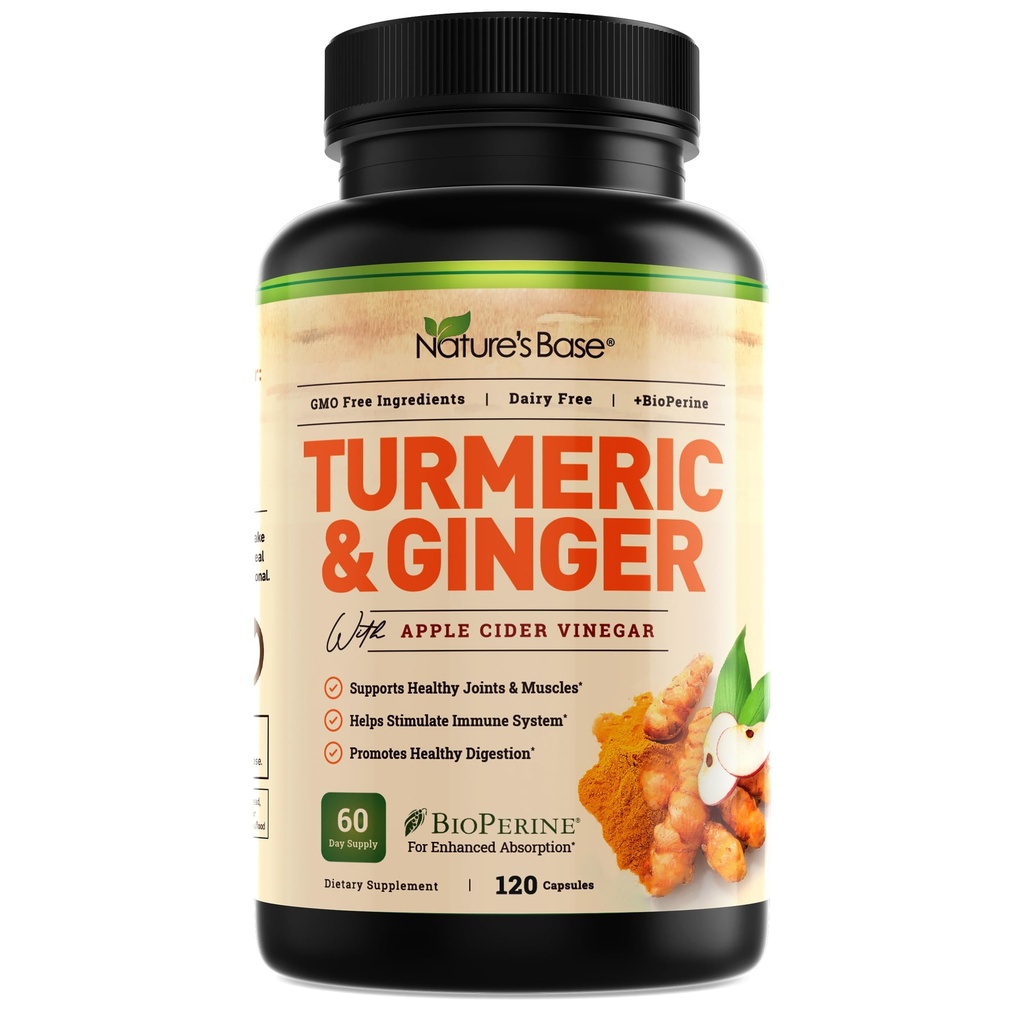 Nature's Base Turmeric and Ginger Supplement - Curcumin, Apple Cider Vinegar & BioPerine Black Pepper Extract - 95 Curcuminoids - 120 Capsules