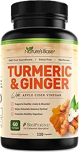 Nature's Base Turmeric and Ginger Supplement - Curcumin, Apple Cider Vinegar & BioPerine Black Pepper Extract - 95 Curcuminoids - 120 Capsules