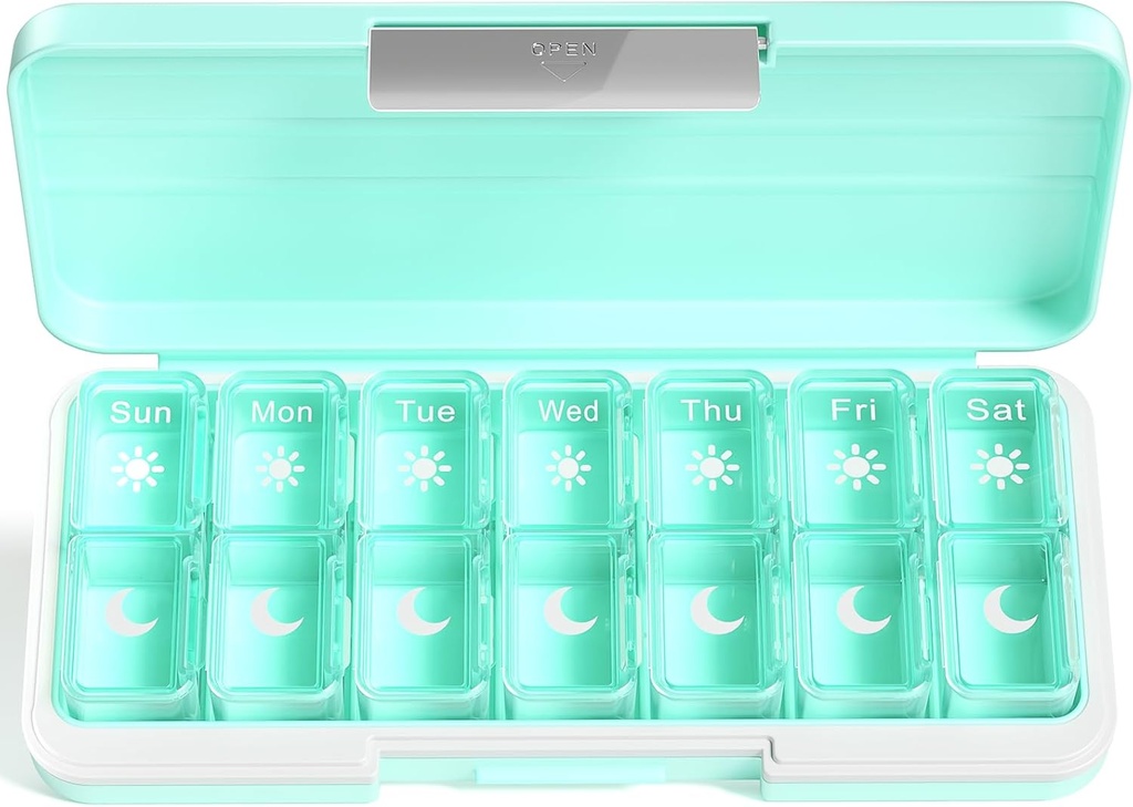 Zoxy Am Pm Pill Organizer 7 Günlük, Pill Box 2 Times bir gün, Tıp Pill Organizer Ayrı Karşılaşma ile Organize Edilecek, Seyahat Pill Vakası Vitaminler, Balık Yağları, Tıplar (Yeşil)