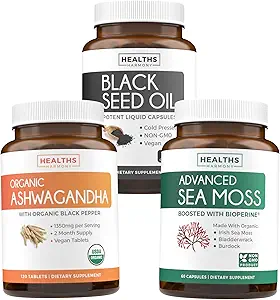 % 8 (16 Off) tasarruf edin - Harmony Essentials: Wellness Trio Sche - Black Seed Oil -% 100 Cold-Pressed Nigellia Sativa | Organik Ashwagandha - Natural Adrenal & Yourroid Support | Irish Sea Moss - Vegan