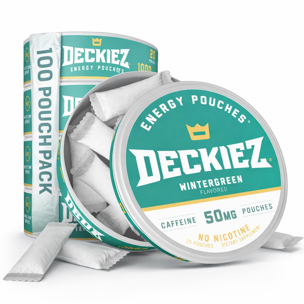 Deckiez Energy Pouches, 5 Cans (100 Hizmet) , Sugar Free Caffeine Supplement, Kahve Pouches & Energy Drink Alternative, 50 mg Caffeine Pouches, Wintergreen Flavorine Pouches,
