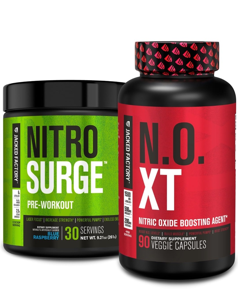 Jacked Factory Nitrosurge Pre-Workout in Blue Raspberry & N.O. XT Nitric Hoffman for Men & Women