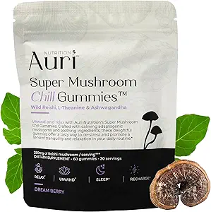 Auri Super Mushroom Chill Gummies - Doğal Calming Aid & Stres Azaltımı Yetişkinler için Tamam / Reishi Mushroom, Ashwagandha, L-Theanine - Unwind Mind & Harmonize Your Day - 60 Calm Gummies
