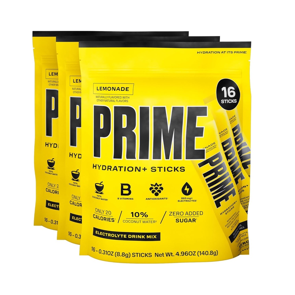 PRIME HYDRATION+ Trus Lemonade | Hydration Toz Single Servis Sticks | Elyte Toz On The Go | 250 mg BCAAs, B Vitaminleri, Antioksis | Low Sugar | Caffeine-Free | Vegan | 48 Sticks