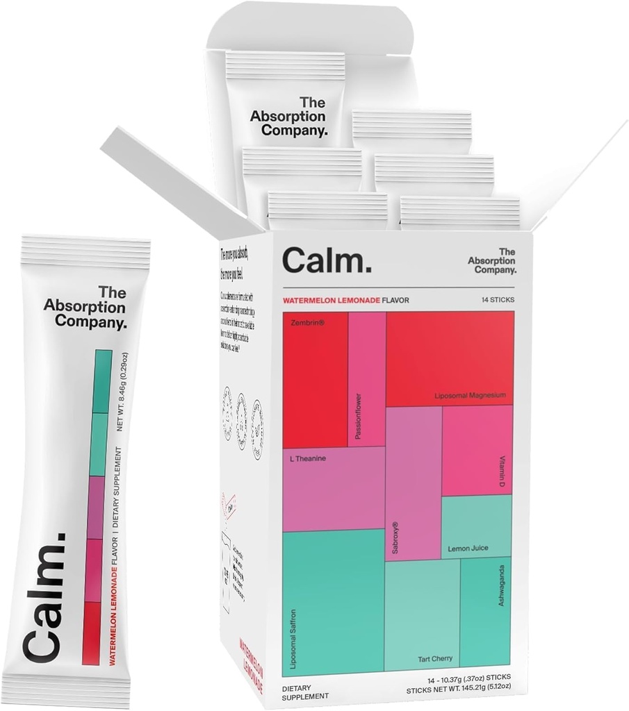 Calm Drink Mix - Relaxation Aid with, Ashwagandha, L-Theanine, & Vitamin D - Erkekler ve Kadınlar için Kortisol Yönetmeliği ve Mood - Watermelon Lemonade Flavor 14 Sticks