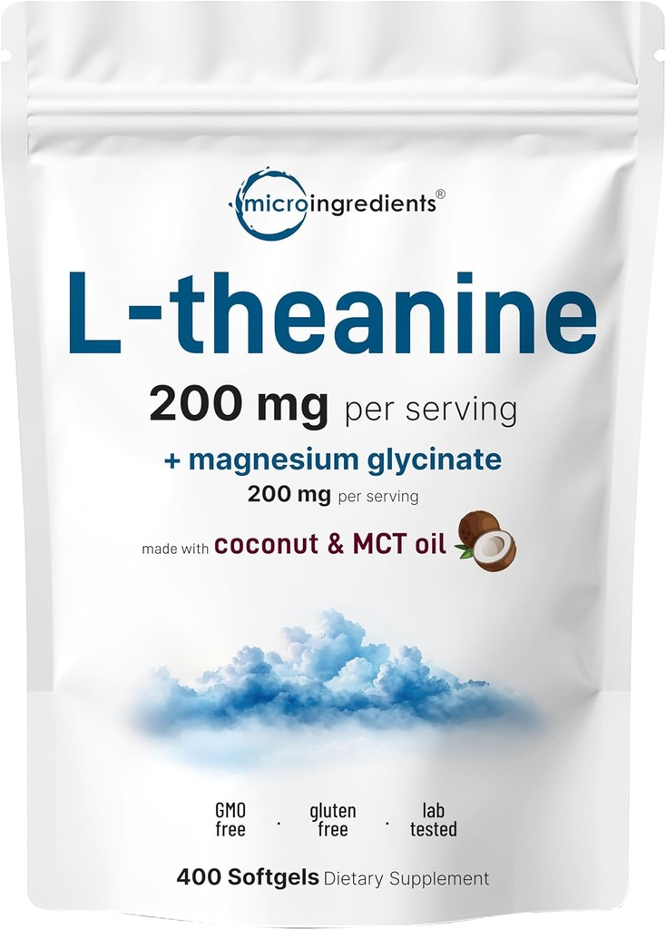 L-Theanine 200 mg with Magnezyum Glycinate, 400 Coconut MCT Oil Softgels | Rahatlama, Focus & Muscle Support Supplement | 2in-1 replica & Mineral Kompleks | Tüm Gün & Gece Hayatı
