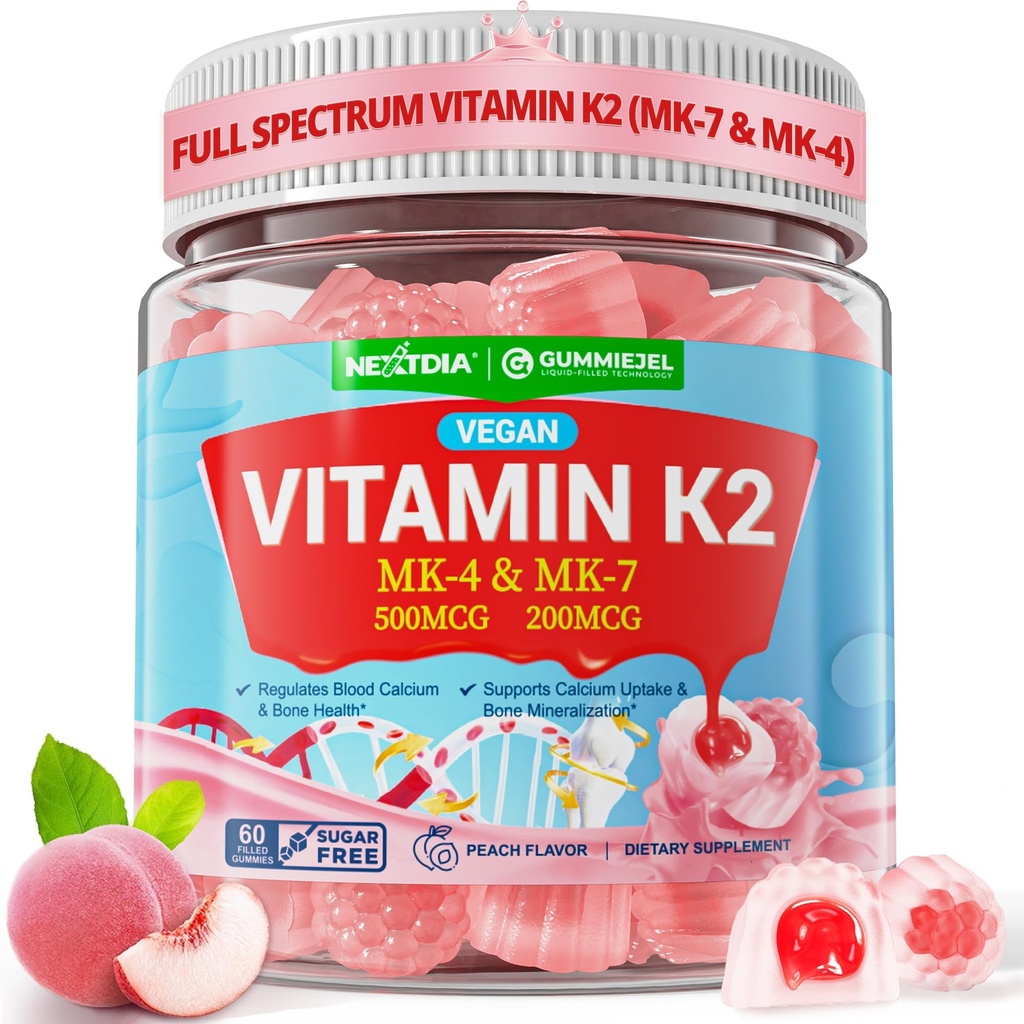 Βιταμίνη K2 Gummies MK-7 200 mcg & MK-4 500 mcg για γυναίκες & άνδρες Χωρίς ζάχαρη, τέλεια 2-IN-1 πλήρες φάσμα βιταμίνης K2 συμπλήρωμα για τα οστά, He❤rt, Προωθεί την απορρόφηση ασβεστίου, εγκέφαλος, δόντια, ανοσοποιητικό,1Pack